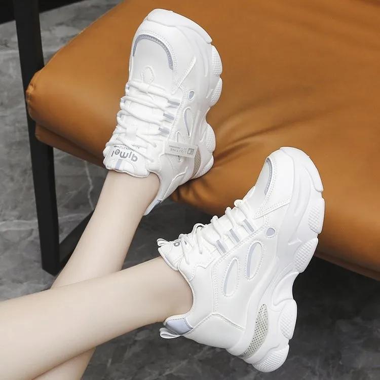 Модные новые женские туфли на платформе, сетчатые дышащие женские кроссовки с мягкой подошвой, нескользящие, повседневные спортивные белые туфли