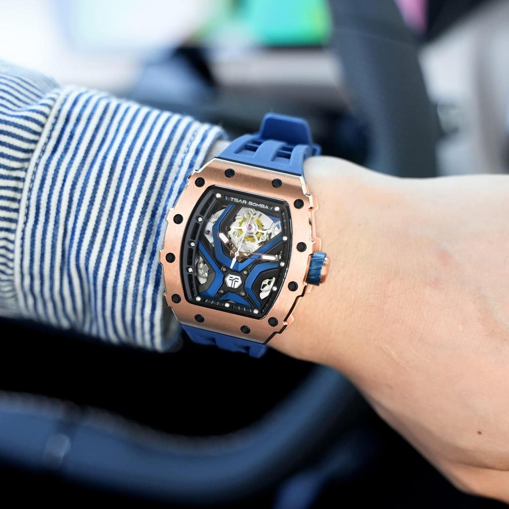 Часы TSAR BOMBA Business 50M Водонепроницаемые скелетонированные часы Стильные наручные часы из нержавеющей стали с циферблатом-бочкой для мужчин Светящийся японский механизм синего цвета