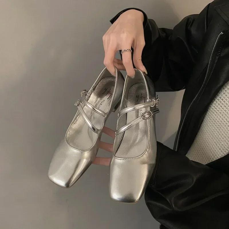 Fashion Medium Heeled Mary Jane Single Shoes for Women Retro Thick Heel Ballet Shoes Cross Buckle Shallow SoftSole Shoe 2025