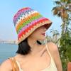 1PC Handmade Crochet Stylish Bucket Hat Panama Hat Rainbow Color Straw Headwear Sun Cap Beach Sunscreen Sun Protection