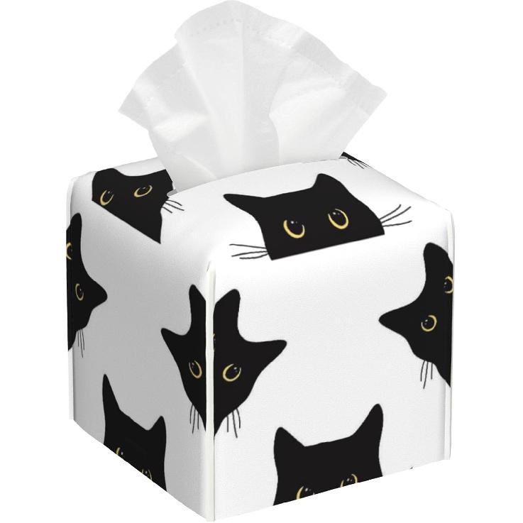 Black Cats Tissue Box Cover Square,Leather Tissue Holder with Bottom Belt,Waterproof Leather Facial Paper Organizer Tissue Box Cover for Home Office