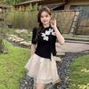 Chinese Style Fashion Women Summer Gentle Frog Button T-shirt with Mesh A-line Skirt Two-piece Set