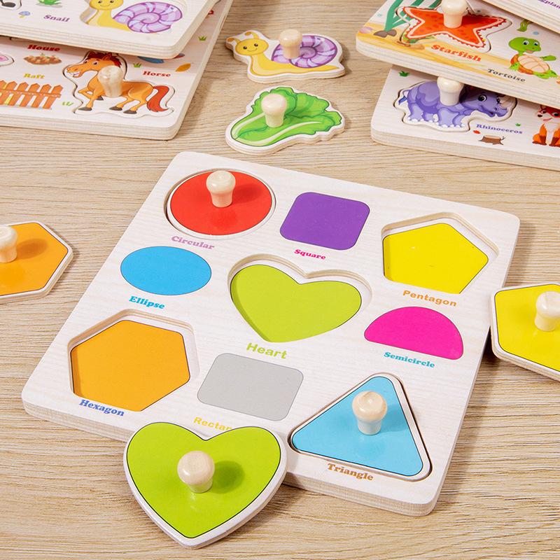 Montessori Wooden Puzzles Cartoon Animal Fruit Hand Grab Board Cognition Jigsaw Puzzle Game Learning Educational Toys For Kids