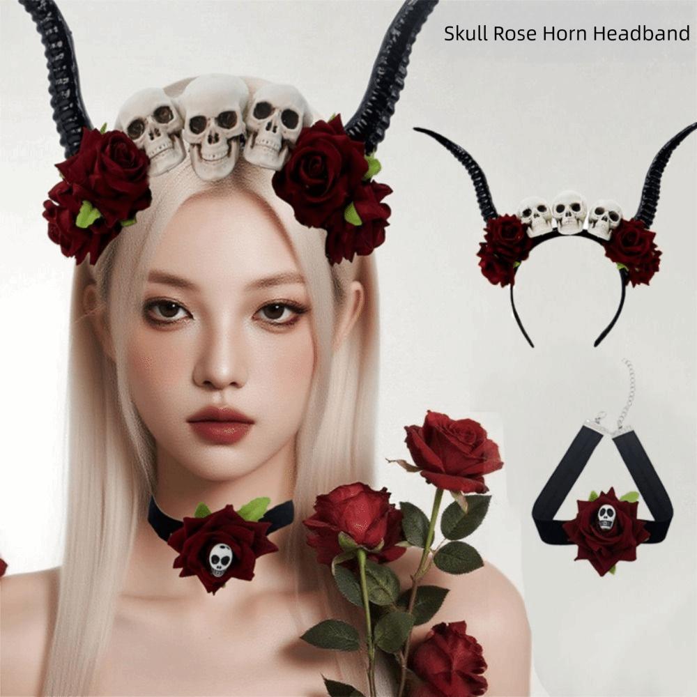 Skull Ox Horns Headband Gothic Style Red Rose Headband Hairbands Sheep Horn Hairband Costume Party