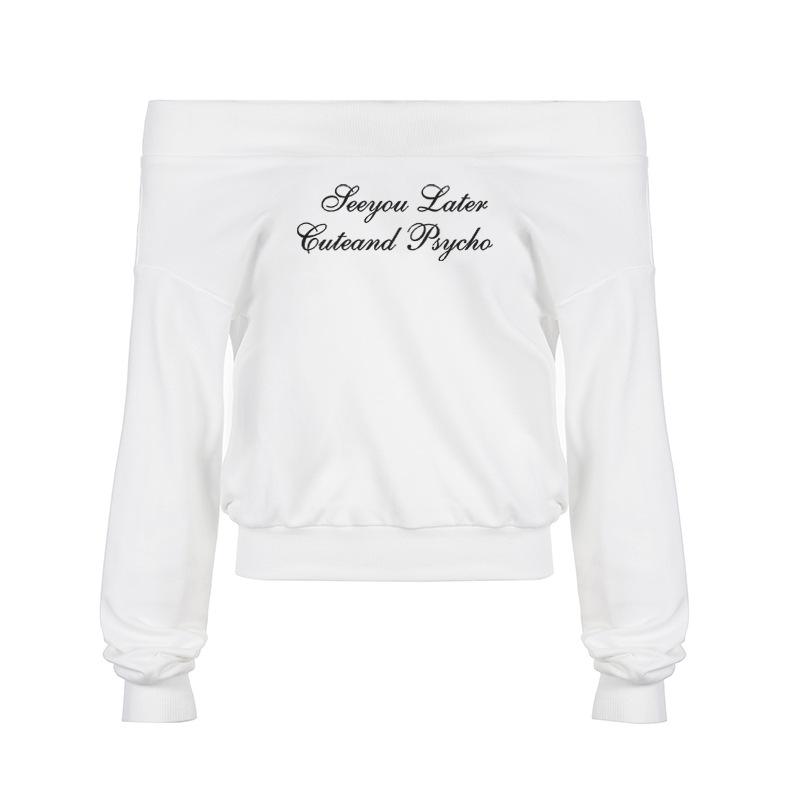 Ретро-маленькие буквы напечатаны на одно плечо сексуальный длинный рукав топ для женщин свободные универсальные ленивые стиль толстовки с капюшоном футболки женские