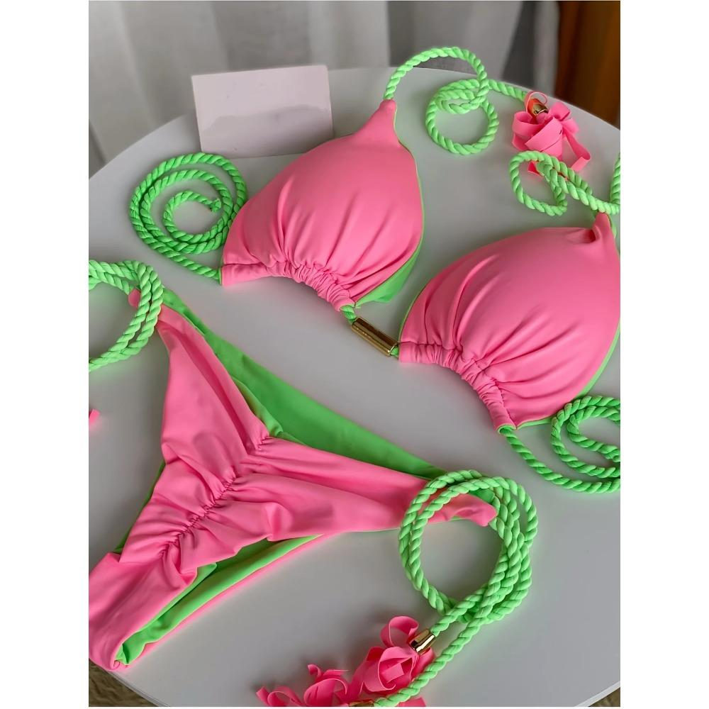 2025 Sexy Solid Color Two-piece Triangle Swimwear Women Swimsuit Braiding Rope Bikinis Set Beach Bathing Suit Brazilian Biquinis