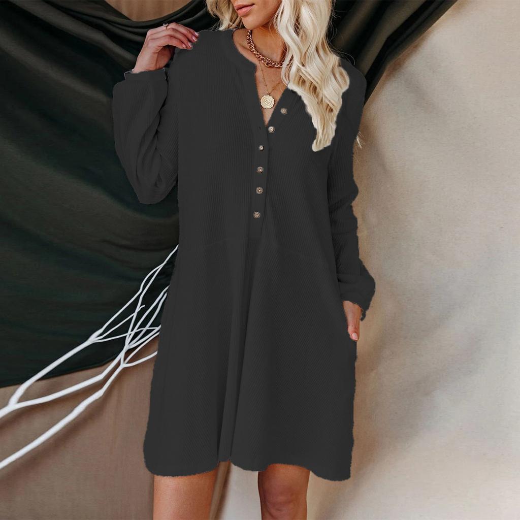 Женское осенне-зимнее модное и повседневное однотонное платье с V-образным вырезом и длинными рукавами на пуговицах