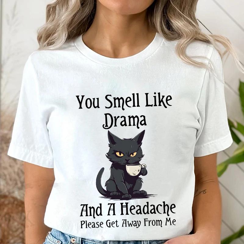 Black Cat Coffee T-shirts Women Pet Cartoon Tshirts You Smell Like Drama Print Women's Clothing Cat Mom Women Tee T-Shirts Women’s