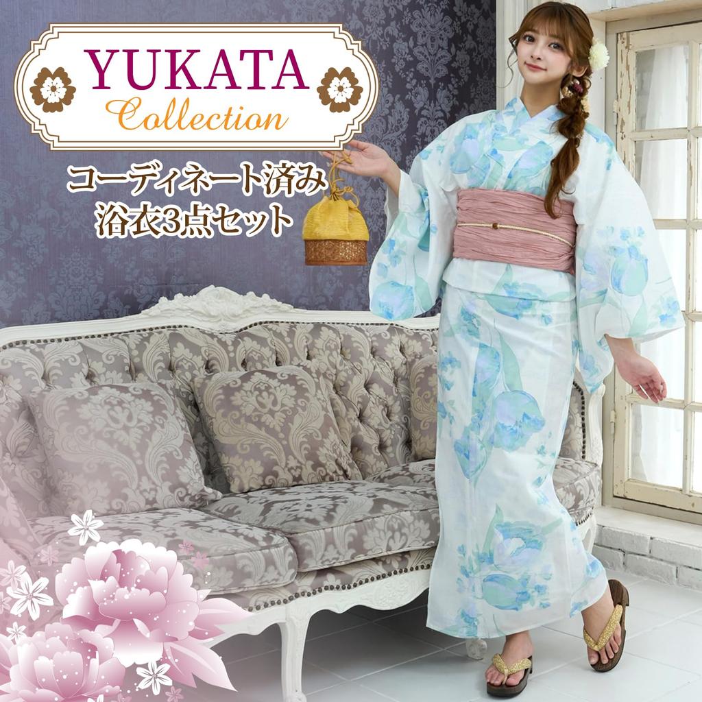 RAVIR Yukata White with a Refreshing Tulip Fluffy Obi and Geta One Size Fits All Women's 3-Piece Set, Design, Belt, Sandals, Blue,