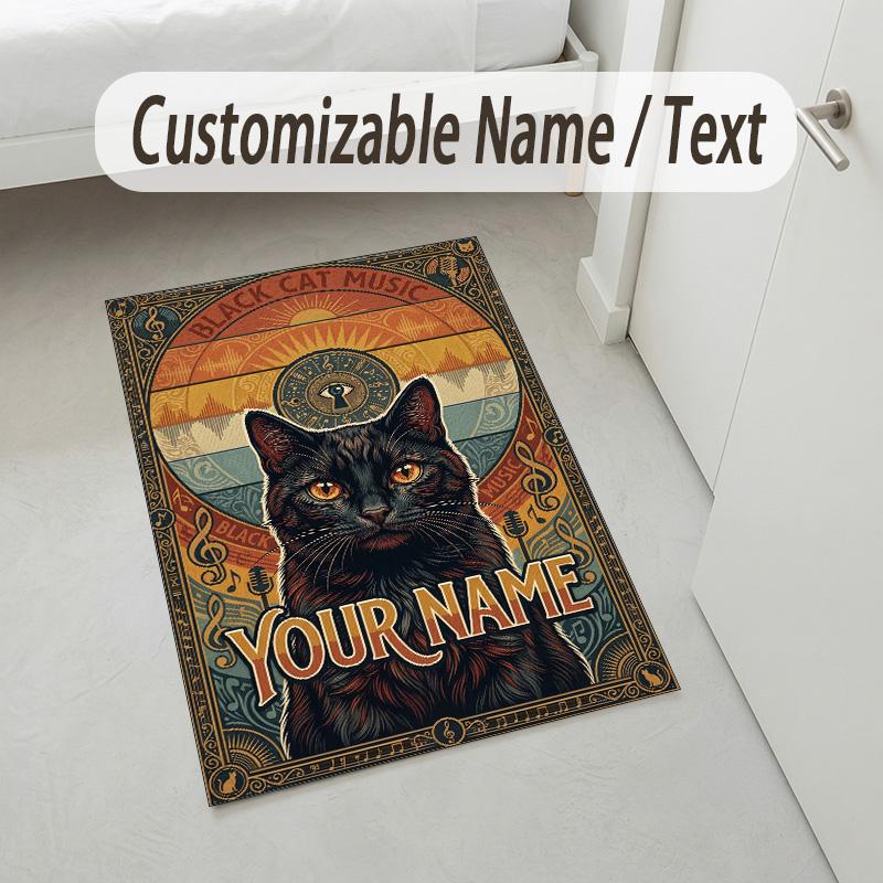 Black Cat Music Theme Soft Crystal Velvet Rug Custom Name & Text Print Non Slip Floor Rug for Bedroom Living Room