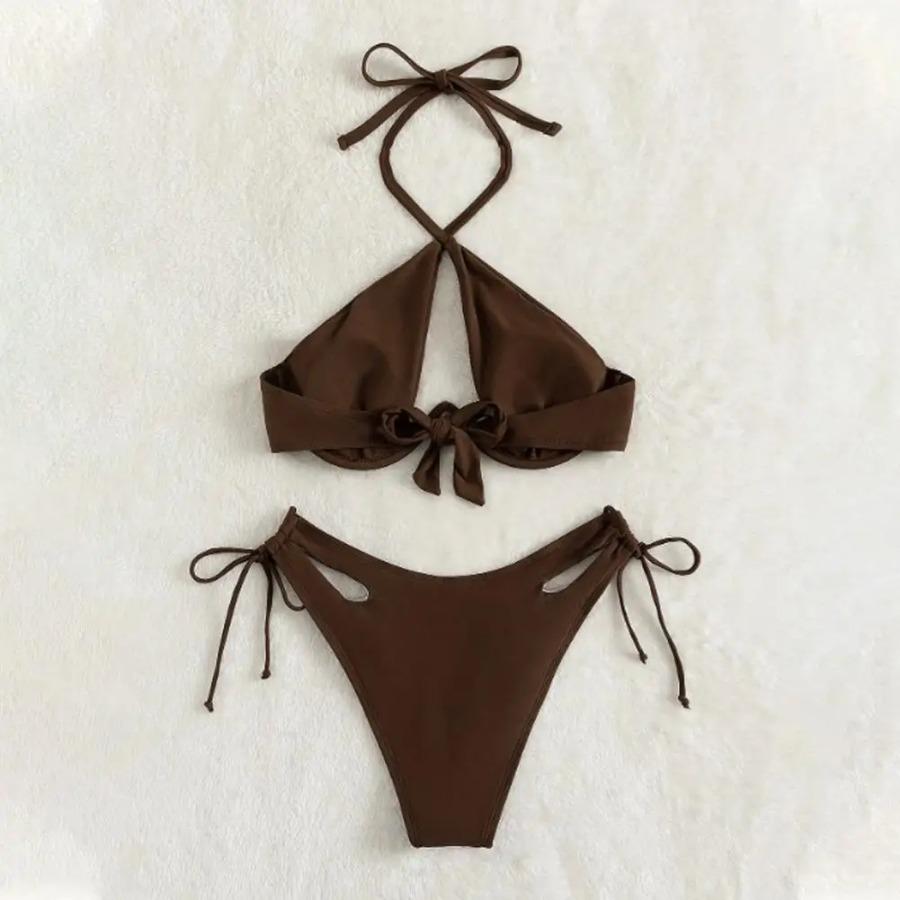 Женский купальник, стильный женский летний комплект бикини с бюстгальтером на шее, трусы с высокой талией и шнуровкой, быстросохнущий купальный костюм для пляжа