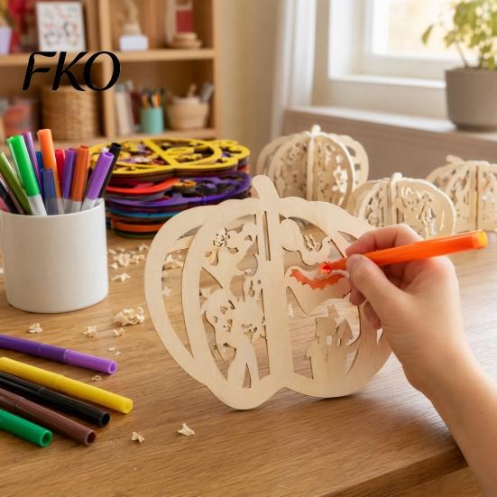 Wooden Shapes for Painting Halloween Pumpkin Craft Kit, 17cm DIY Unfinished Wood Slice Projects Kids, Hollow Cutouts Painting, Fall Themed Art