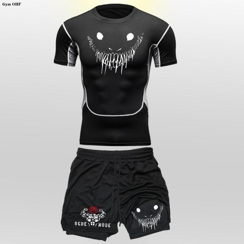 Mens Athletic 2-Piece Set: Quick-Dry Compression T-Shirt Shorts With Graphic Print Running Training Gym