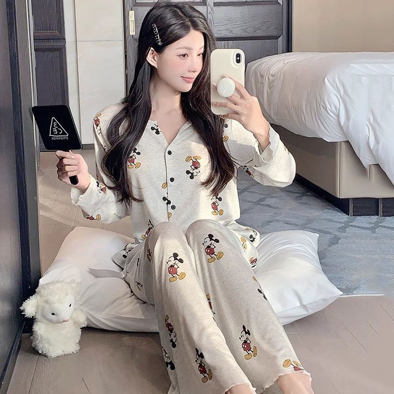 Pajamas women's spring new ice silk threaded v-neck cartoon Mickey loose cute loungewear