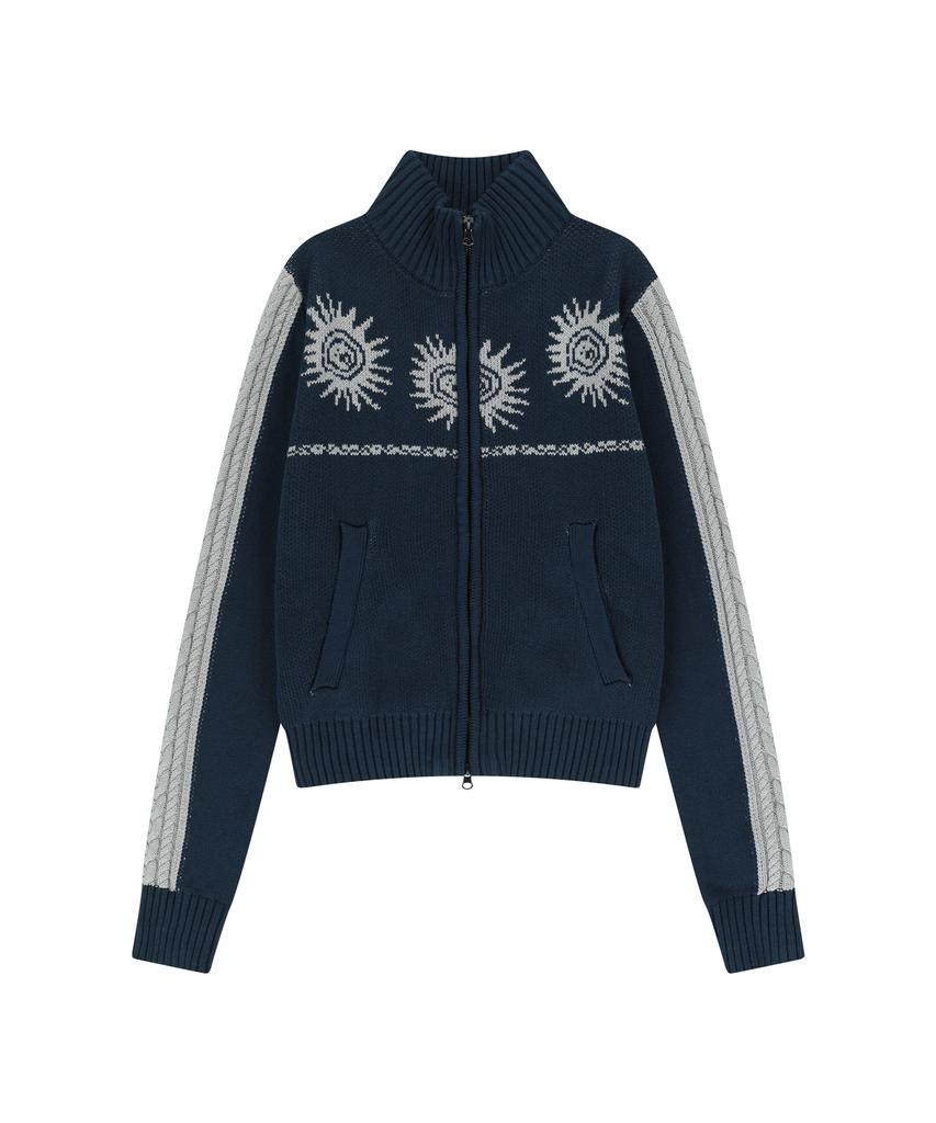 AAKAM Sun Jacquard Zip-Up Sweater (Navy)