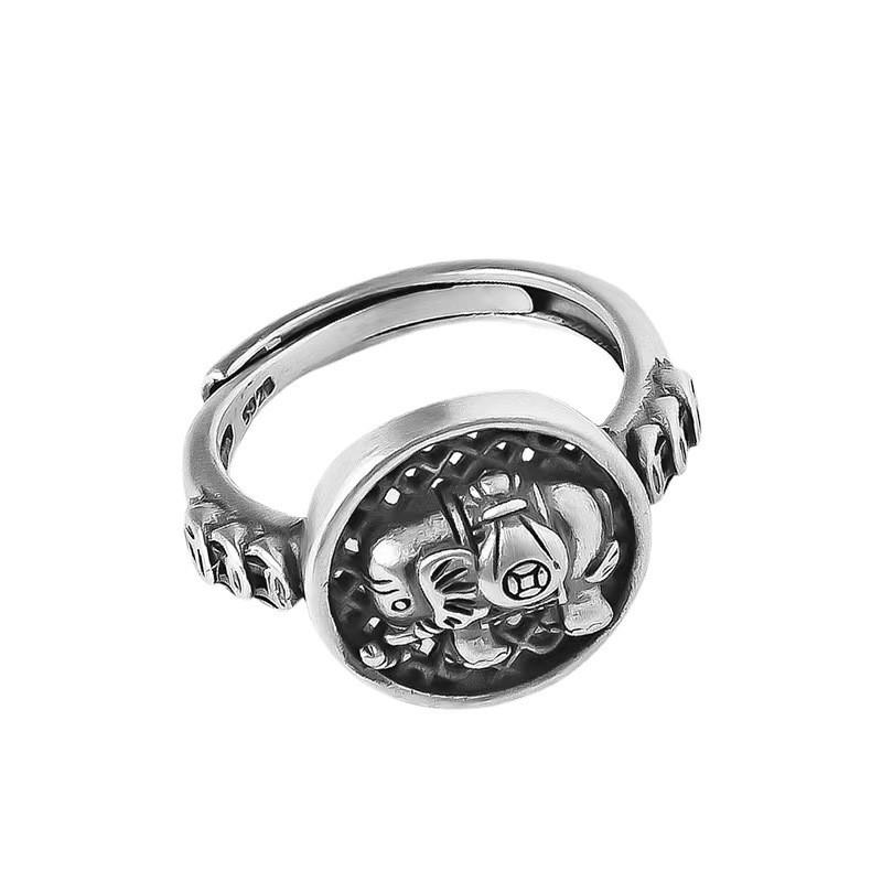 Adjustable Open Ring Women Men Vintage Elephant Coin Motif Geometric Hollow Plated Finger