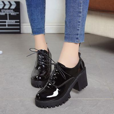 Осень-зима Женские туфли-лодочки с острым носком на высоком каблуке Женские туфли на толстом каблуке Шнуровка Лакированная кожа Женские туфли на высоком каблуке 889