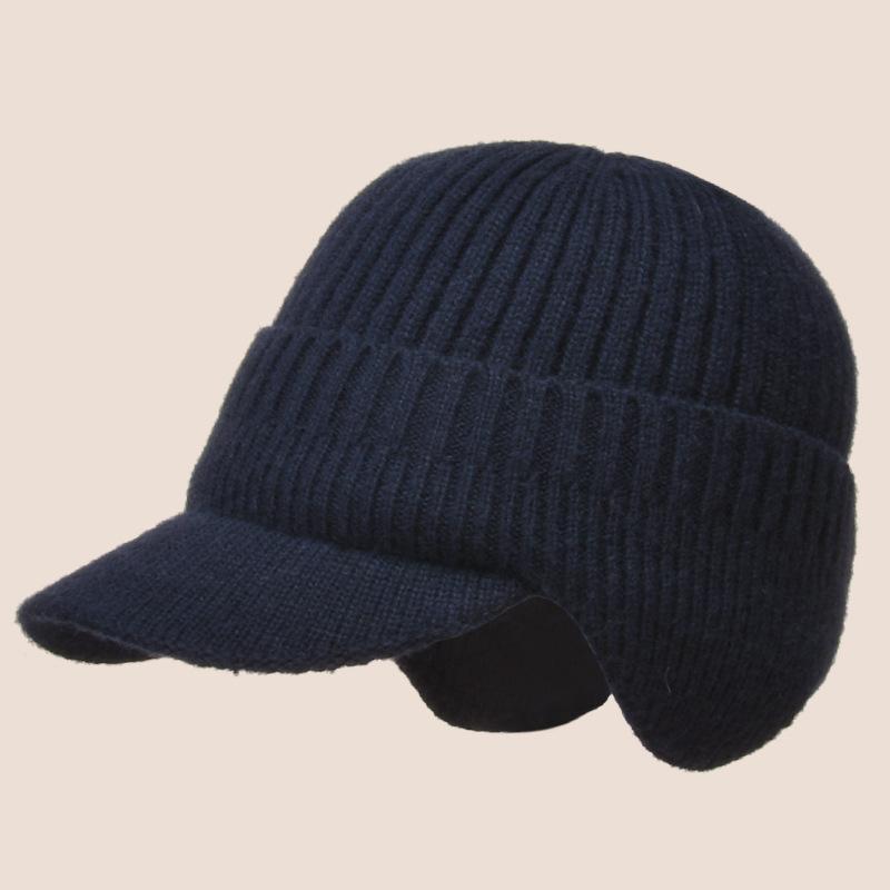 Men's Simple Fashion Autumn and Winter Solid Knitted Wool Hat Thicken Warm Outdoor Earflap Hat with Brim