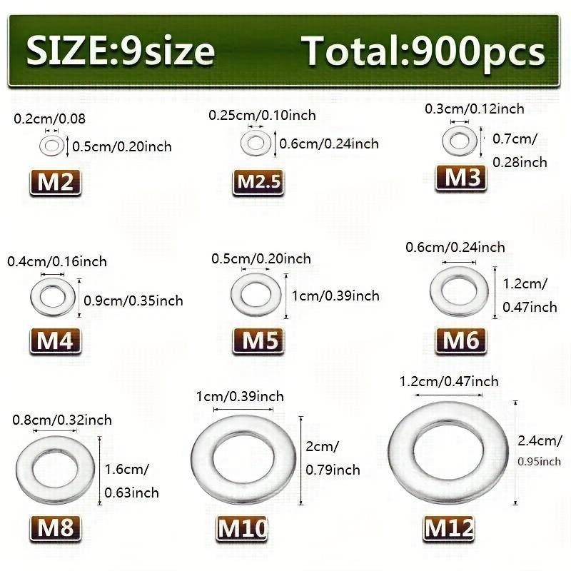 Набор шайб плоских из нержавеющей стали 304 в коробке-органайзере (900 шт., M2-M12, Тип O)