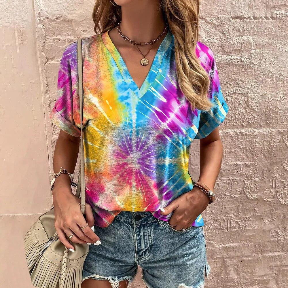 Женская футболка с v-образным вырезом, топы с 3d принтом тай-дай, футболки 5XL, летняя модная женская одежда, повседневный уличный женский пуловер большого размера