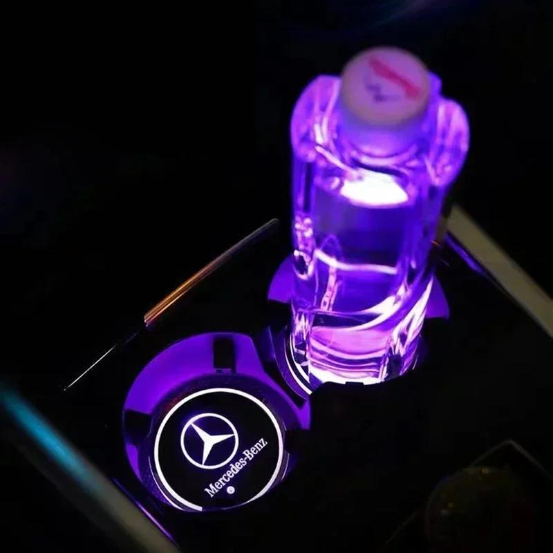 New For Mercedes Benz 2pcs Interior Light Coaster LED Illuminated Car Water Cup Coaster For Mercedes Benz B/C/E/S Class A Class