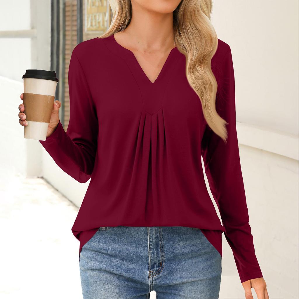 Женская мода повседневная рубашка с длинным рукавом, однотонные топы с V-образным вырезом