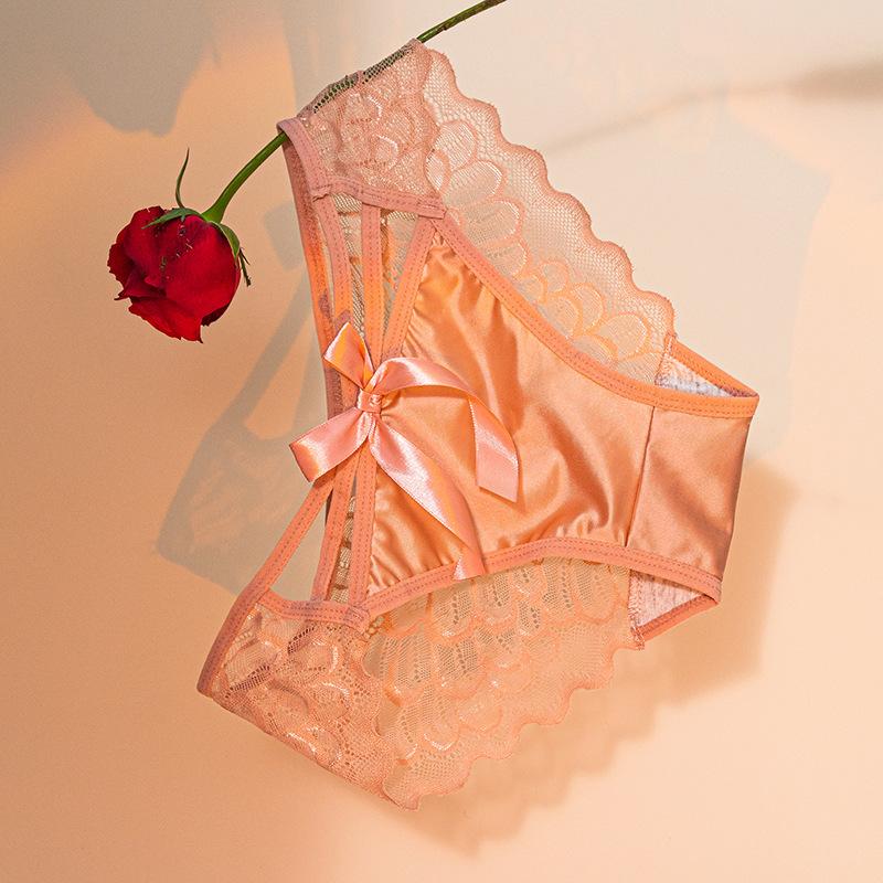 Bowknot Hollow Lace Panties for Women Satin Pure Cotton Crotch Breathable Sexy Mid-waist Women Briefs Underwear Knickers EMA