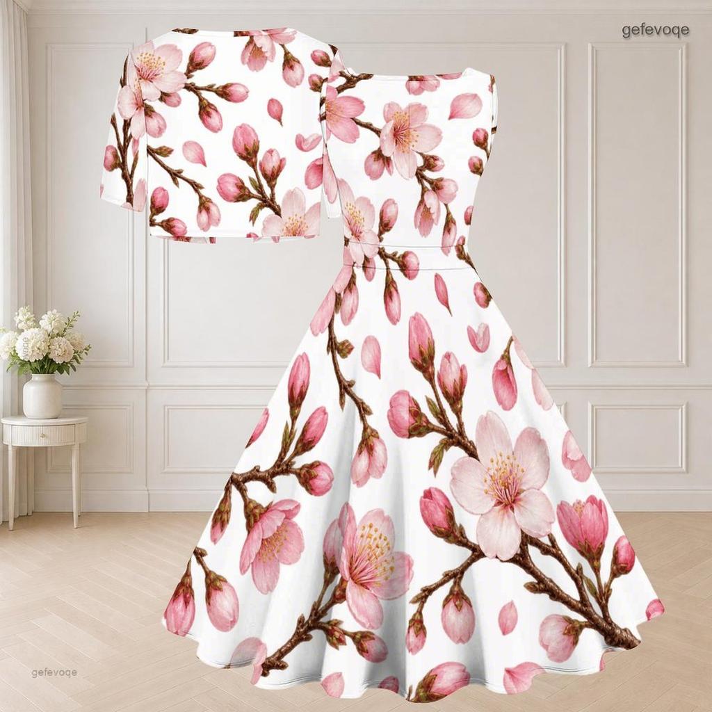 Women Plus Size Two Piece Set Black White Floral Printed Sleeveless Square Neck Tie Waist Flared Dress Short Sleeve Cropped Shrug