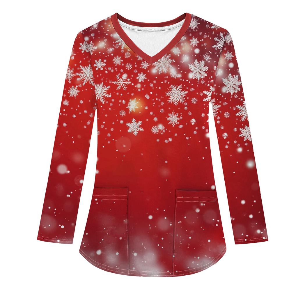 Женская модная рабочая одежда с V-образным вырезом, длинным рукавом и карманом, рождественский принт, футболка, топ