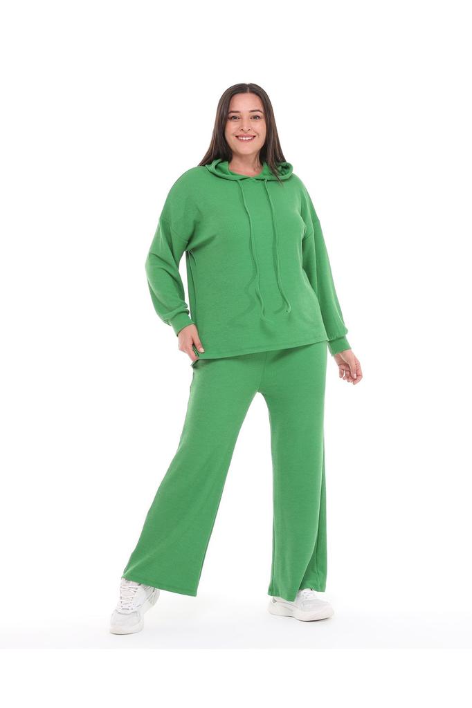 Women's Fashion Big Size Tracksuit Set Green Plus Size Wide Leg Long Sleeve Hooded Tracksuit Set