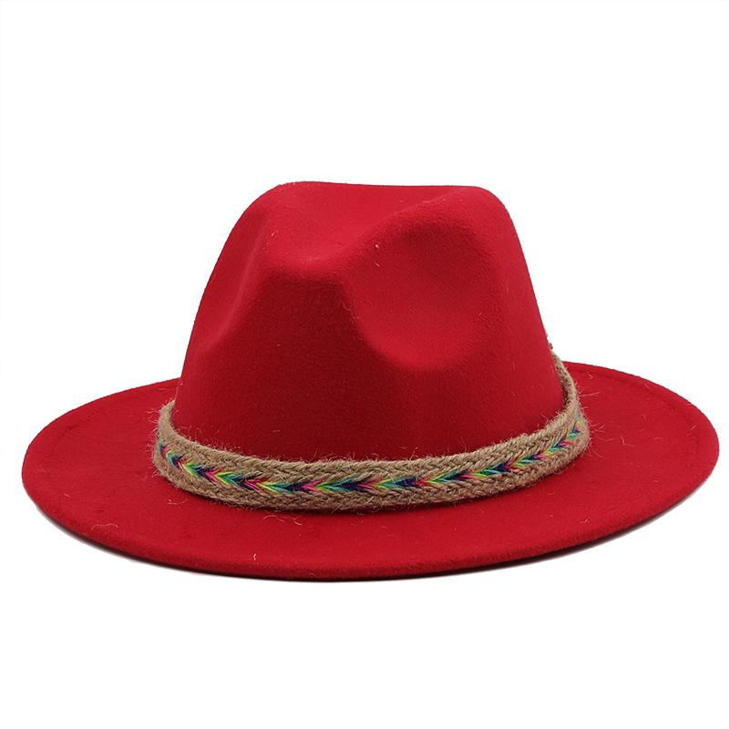 Women Men Woolen Fedora Hat With Leather Ribbon Gentleman Elegant Lady Winter Autumn Wide Brim Jazz Church Panama Sombrero Cap
