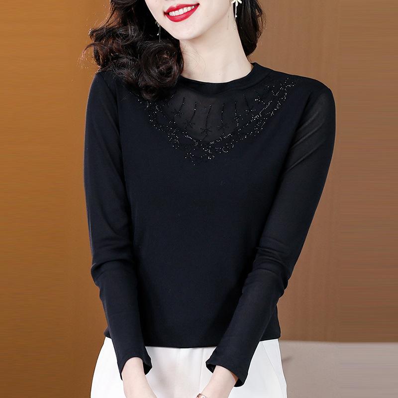 Mesh Base Shirt for Women's Winter Clothes, New Slim Fit and Elastic Long-sleeved Inner Wear, Diamond-shaped T-shirt Top