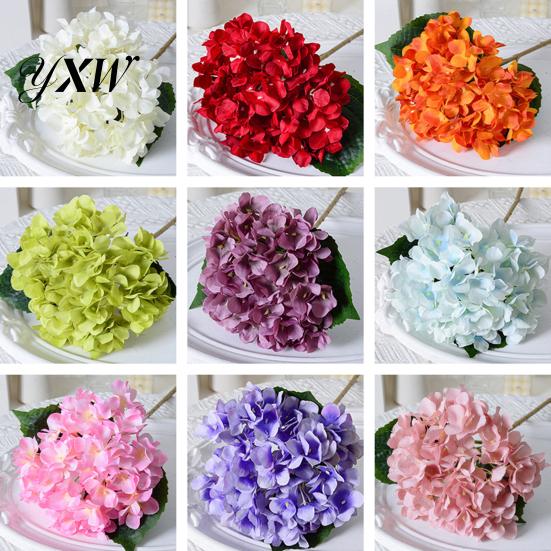 Realistic Fake Flowers Artificial Hydrangea with Green Leaves Stem Flower Wedding Faux Decor Home Office Table Centerpiece Floral Branch Arrangement