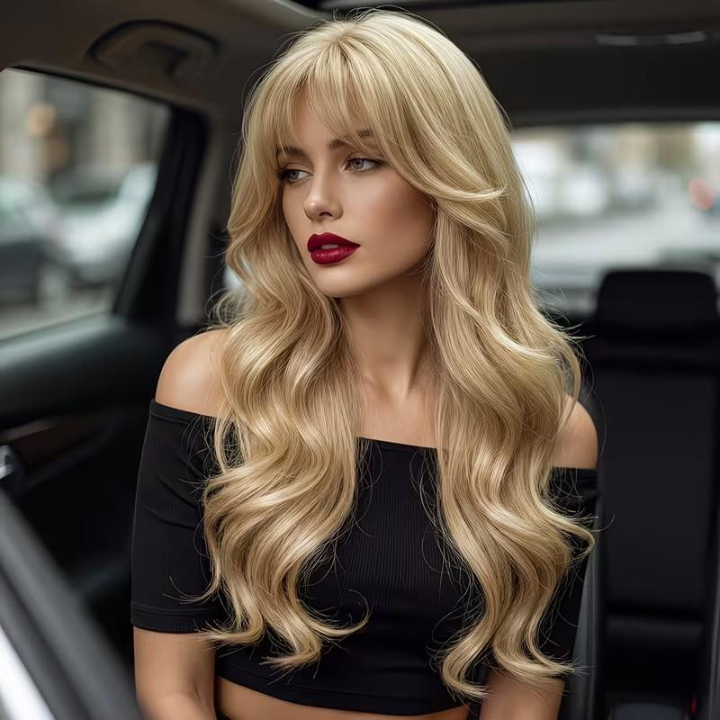Golden Long Wavy Curly Wig Women Natural Air Bangs Full Head Cap High Temperature Fiber Daily Use