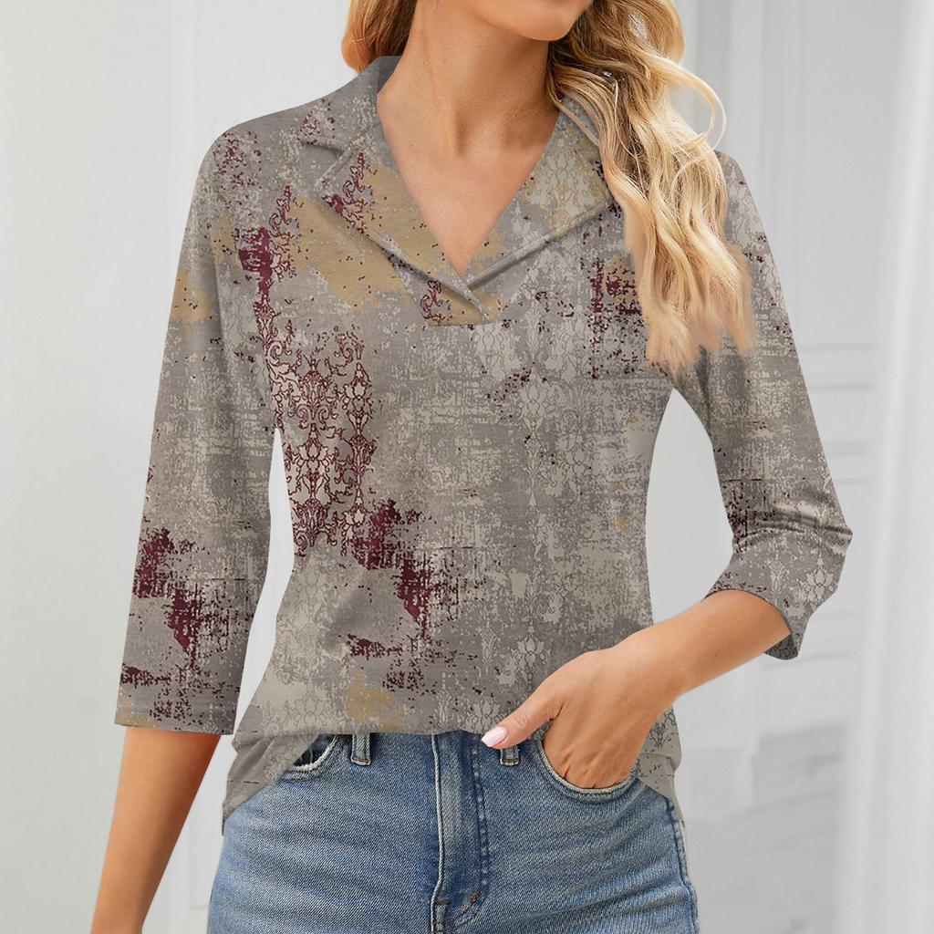 Женский модный топ для отдыха с семиточечным рукавом и V-образным вырезом, со вставками на манжетах и ​​принтом