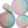 Gradient Color Silver Paper Cups Plates With Bronzing Disposable Paper Tableware For Party Cake Wedding Birthday Banquet Picnic Dessert Decor