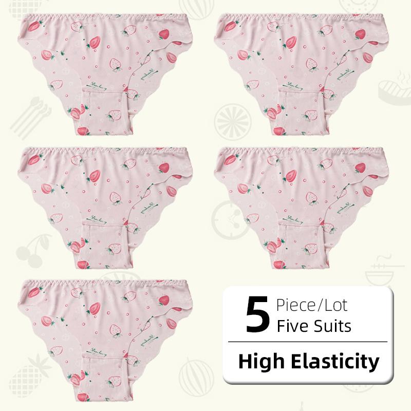 5Pcs/Lot Girl's Ice Seamless Low Waist Panties Cute Fruit Printing High Elastic Comfortable, Half A Pack Buttock Wavy Edge Underwear Briefs