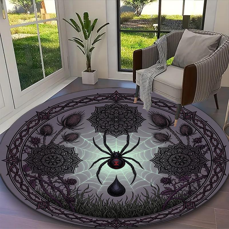 1pc Digital Printed Chair Rug for Home Office Use, Dark Gothic Spider Web Blooms Carpet Appropriate for All Seasons, Soft Round Carpet