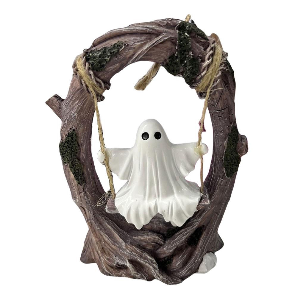 Halloween Cute White Ghost Tree Swing Decoration Resin Spooky Statue Home Car Ornaments For Desk Windowsills Dining Tables