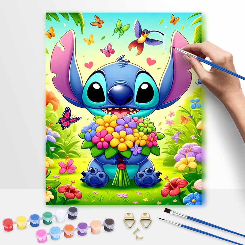 Disney Стич Цветок Цифровая Масляная Живопись DIY Ручная Раскраска Арт Декор Дома, Красивое Мультяшное Настенное Искусство Раскраска По Номерам