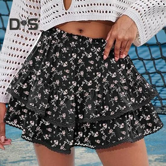 Женская юбка-торт с высокой талией, двухслойная мини-юбка в стиле бохо с оборками и эластичным поясом, кружевная юбка с подолом