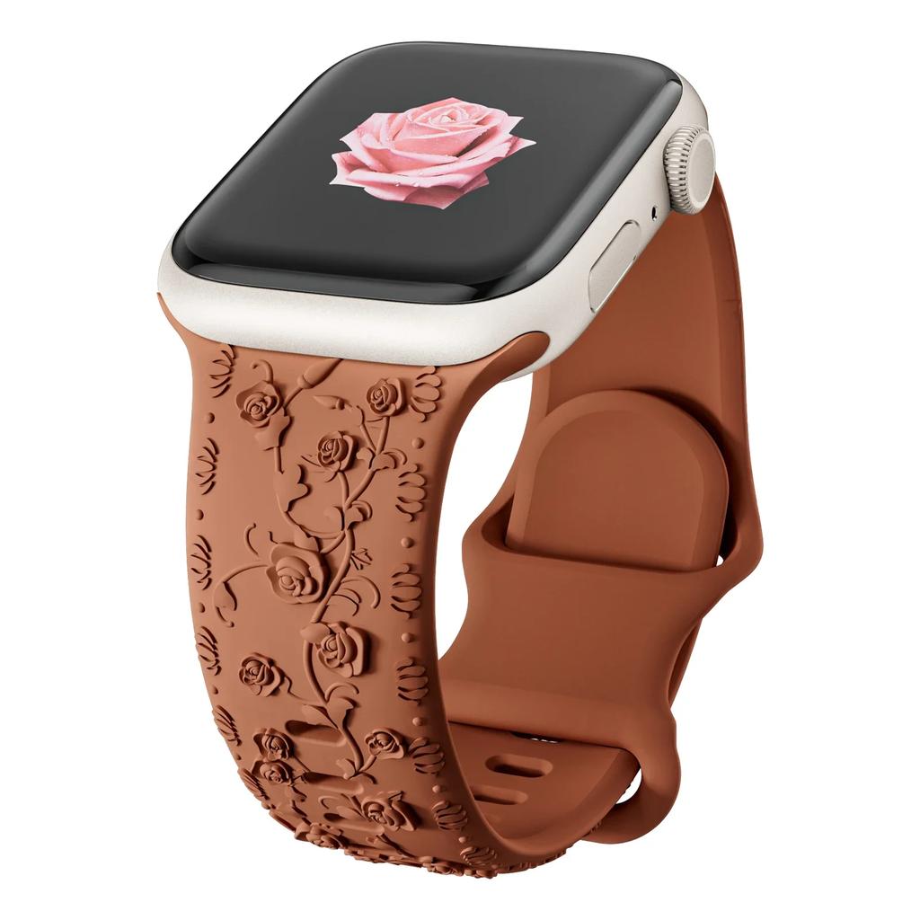 Ремешок с цветочной гравировкой для Apple Watch Band 40 мм, 44 мм, 41 мм, 49 мм, 45 мм, 38 мм, 42 мм, силиконовый браслет iwatch series 9 7 se 6 8 ultra 2