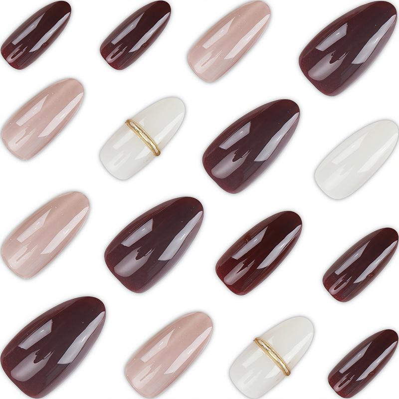 Wearable Nail Nail Pieces Wine Red Nude Powder Milky White Three-Color Drop-Shaped Premade Nails Simple Exquisite Nail Art Pieces
