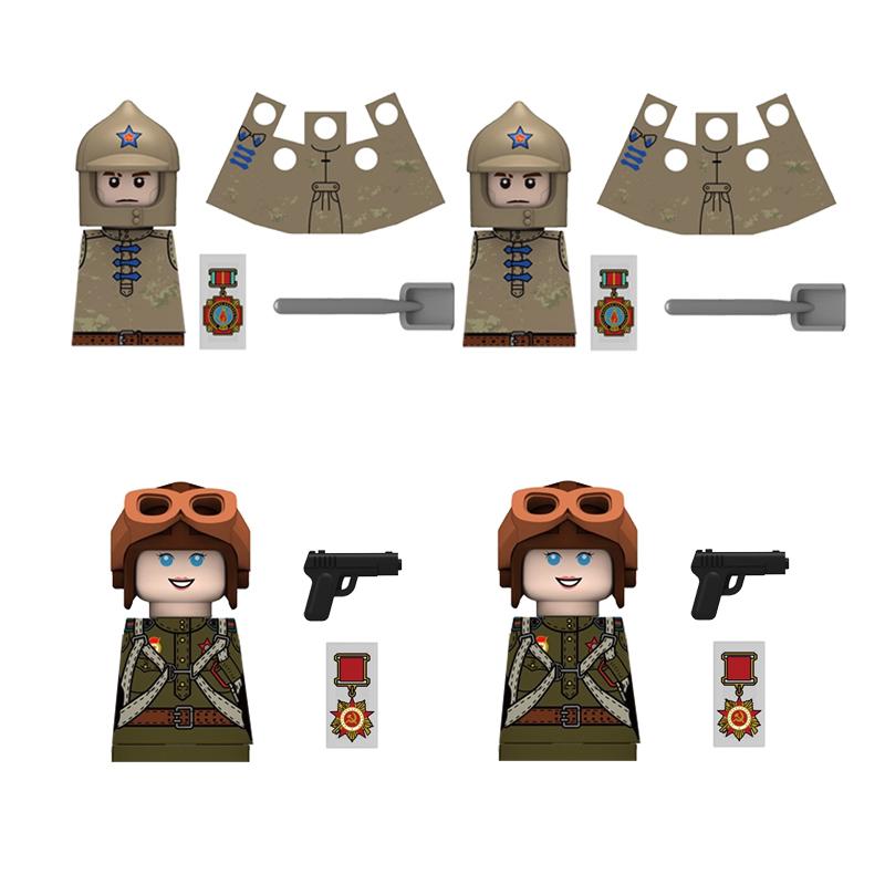 MOC Military Soviet US Soldier Figure Building Block Cavalry Pilot Western Cowboy Detective Weapon Sword Cloak Kid Toy Gift K148