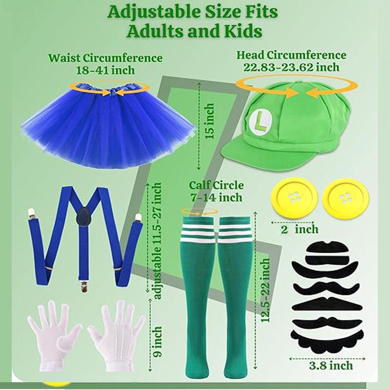 Green Mario Costume Set: Hat, Dress, Gloves, Mustache, Suspenders