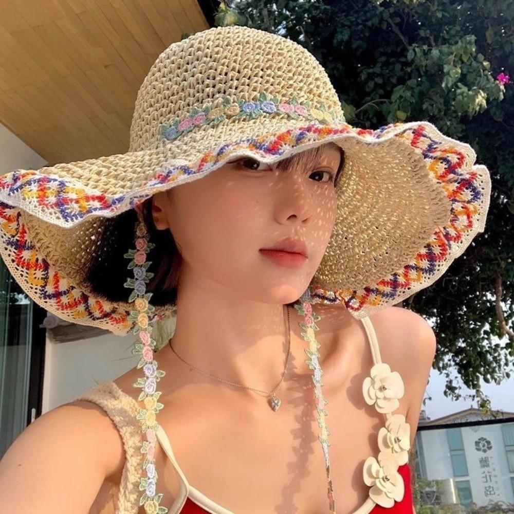 Шляпа с широкими полями из соломы Этнический стиль Рыбацкая шляпа Модная шляпа для защиты от солнца Отпуск