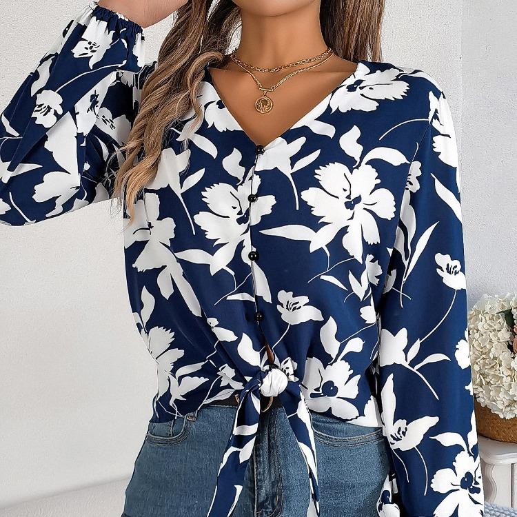 Stylish Print Shirt for Women V-Neck Long Sleeve Season Autumn Spring
