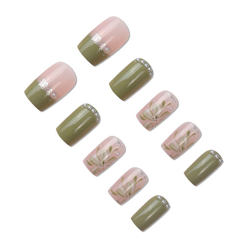 Press On Nail Full Cover Wearable Medium Long Green Camellia Artificial Nails Fake Nails False Nail