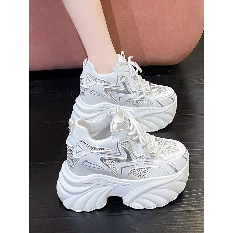 10CM Women Chunky Shoes 2025 Spring Thick Sole Ladies Stylish High Platform Sports Sneakers Outdoor Leisure Leather Dad Shoes