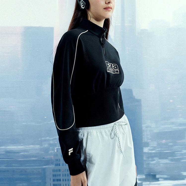 Fila Fusion Городской Техно Письменный Принт Вязаный Пуловер Стойка Воротник Приталенный Пояс Короткая Толстовка На Молнии Женская толстовка Черный T11W411201FBK